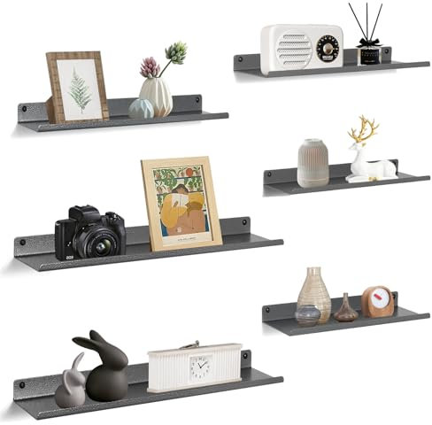 Uten Floating Shelves, Rustic Iron Wall Shelves Set of 6, Decorative Photo Book Display Shelves for Bedroom, Living Room, Kitchen, Bathroom and Office, Gray with Silver Specks