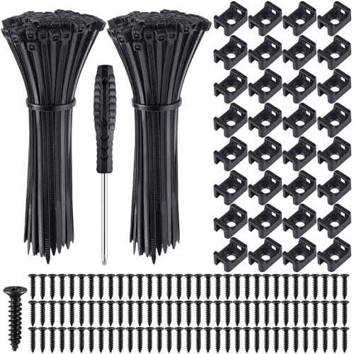 Annickee 130 Sets Collier de Serrage, Attaches Cable avec Embase de Serre Cables, Vis et Tournevis, Collier de Serrage Plastique Réutilisable, Collier Serrage Noir(100mm) pour Organiser Câbles