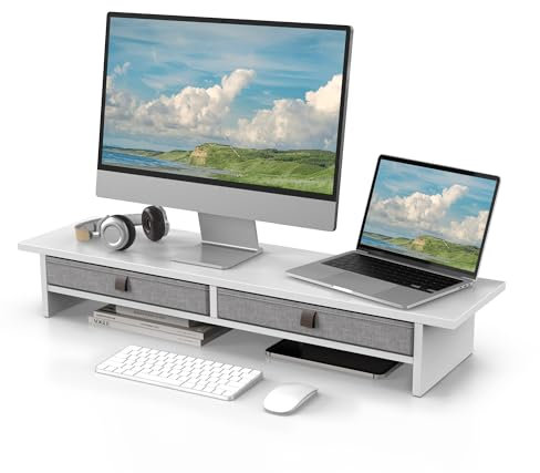 Fenge Dual Support de Monitores, Elevador de Pantalla de Ordenador Con 2 Tirantes de Tela, Para 2 Monitores, PC, TV, Ordenador, Impresora,90 x 23,5 x 14,2 cm, Carga de 25KG (Blanco)