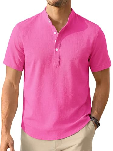 Enlision Leinenhemd Herren Kurzarm Hemd Sommerhemd Freizeithemd Ohne Kragen Hemd Herren Strandh Stehkragenhemd Regular Fit Henley Shirt