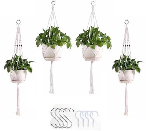 4 Stück Makramee Blumenampel Set, Blumenampel Hängend, Blumenampeln zum Aufhängen, Blumentopf Pflanzenhalter, mit S-haken und Lichthaken, Hängeampel Pflanzen, für Innen Außen Decken Balkone Dekoration