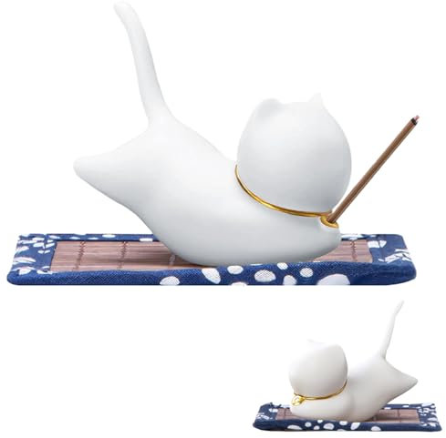 Porta Incenso Gatto, Incensiere in Ceramica, Simpatico Porta Incenso a Forma di Gatto, Oggetti Decorativi per La Casa per Gatti con Tappetino in Bambù per Casa, Soggiorno, Patio, Esterno