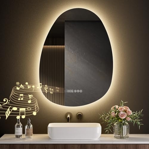 S'AFIELINA Bathroom Mirror with LED Lights 60 x 45 cm Asymmetrical LED Mirror with Bluetooth, Smart Touch Switch, Time, Temperature, 3 Colors Dimmable Light, Anti-Fog, Memory Function Vanity Mirror