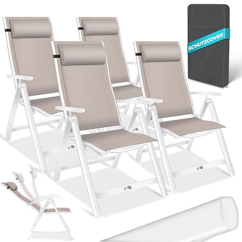 KESSER® Gartenstuhl Hochlehner mit Armlehnen 4er Set Aluminium Klappstuhl mit Kopfkissen & Abdeckung Campingstuhl 7-Fach Verstellbar Rückenlehne Atmungsaktiv Wetterfest Klappbar Anti-Rutsch, Taupe
