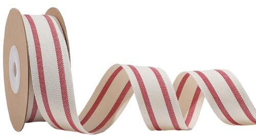GORGECRAFT Baumwollband Mit Streifen 9 m X 25mm Natürlicher Rot Weißer Stoff Doppelseitiges Gurtband Geschenkverpackung Blumendekoration Ripsbandbesatz Zum Basteln Nähen Weihnachten Geburtstagsfeier