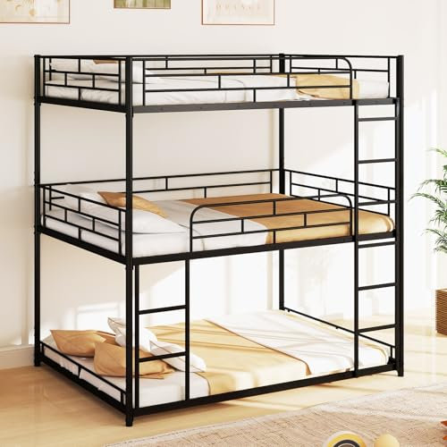 COSTWAY Metal Triple Bunk Bed, 4FT6 Double Over Double Loft Bed Frame with Safety Guardrails and 2 Ladders, Space-Saving Home Bedroom Dorm Low Triple Sleeper Beds for Kids Teens Adults, Black