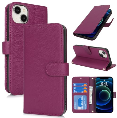 Zouzt Echtleder Hülle für iPhone 13 Mini 5,4, 4 Kartenfächern, Rose Lila | Premium Leder, Kartenhalter, Magnet Klapp Schutzhülle, Stoßfeste TPU-Innenhülle, Frauen Männer, Leather Wallet Phone Case
