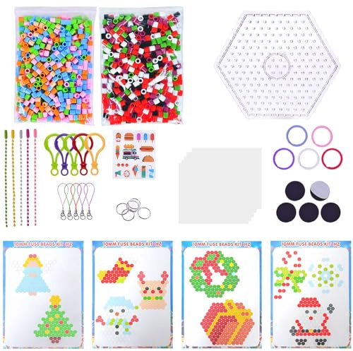 sinirttou 10mm Große Bügelperlen Set, Bügelperlen Weihnachten Set, 1000 Stück Steckperlen mit Platten, 10 Muster 5 Bügelpapier 5 Schlüsselanhänger und Zubehör, Kreatives Perlenset DIY Handwerk
