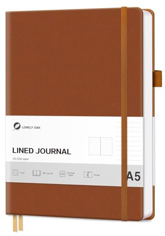 Lonely Oak Notizbuch A5 Liniert Hardcover Journal Tagebuch | 120g/m² Dickes Premium Säurefreies Papier, 160 Seiten Journal mit Gummiband & Innentasche, 14,5 x 21,3 cm(Braun)