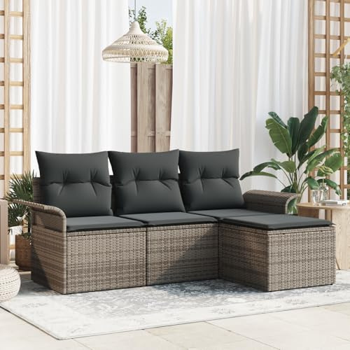 WEMYUFURN Garten Sofa Set aus Natur Rattan und grauem Poly Rattan mit wetterfesten Kissen, Outdoor Relaxen auf Balkon oder Terrasse, modular und platzsparend