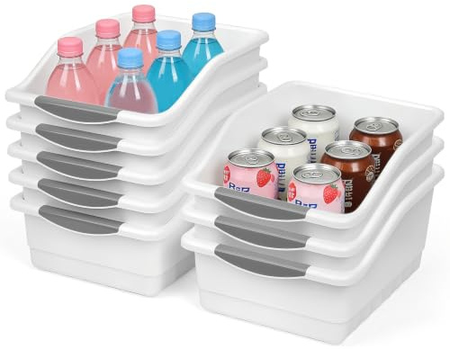 8 Pack White Plastic Storage Bins, Large Pantry Organisers Storage Boxes | Fridge Containers with Handle, Basket for Organizing Bins, Kitchen Storage, Shelves Cupboard Organiser, Office and Home