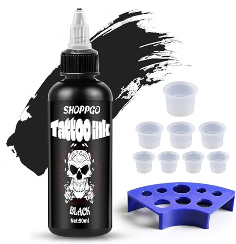 Dynamic Tattoo Ink, Black Tattoo Ink 90ml | Includes 8 Cups and 1 Holder, Rich Color, Long-lasting Color Payoff