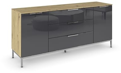 Rauch Möbel Flipp, Kommode, Farbe Glas Basalt/Eiche Artisan, Breite 160 cm | Sideboard, 2-türig, 3 Schubladen, Glasfront, Soft-Close, Griffe, Metallkufe Chrom, für Schlafzimmer, Gästezimmer, Wohnzimmer