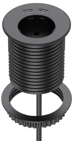 Einbausteckdose mit USB C, Dinolink Tischsteckdose mit Schuko, 2 USB C Ports, 2 M Kabel, Steckdose Schreibtisch für Büro & Werkstatt,Tischplatte, Ø 60 mm