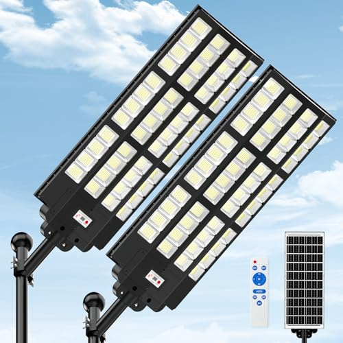 ZIZIWIN Große Solar Straßenlaterne 2 Pack für Außen, IP67 Wasserdichte Solarlampen mit Bewegungsmelder, 7000K Große Solarleuchten für Außen mit Fernbedienung, Solar Wegeleuchte für Parkplatz Straßen