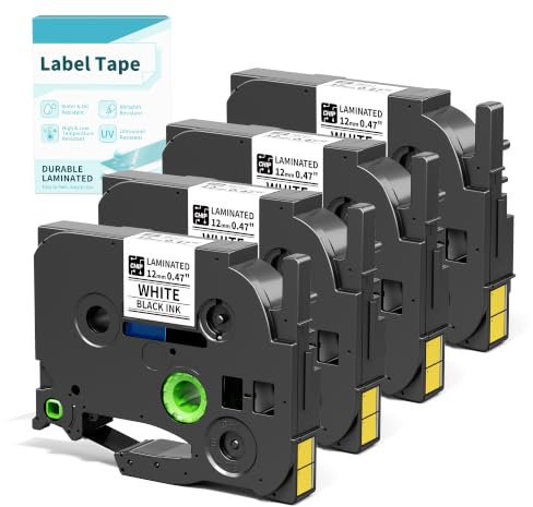 H1100 Beschriftungsgerät-Kassetten, 12 mm 0,47 Zoll laminierte weiße Etikettenbänder, leicht abzulösen & rückstandsfrei, wasserfest mit Chip, Schwarz auf Weiß, 0,47 Zoll × 8 m, 4er-Pack