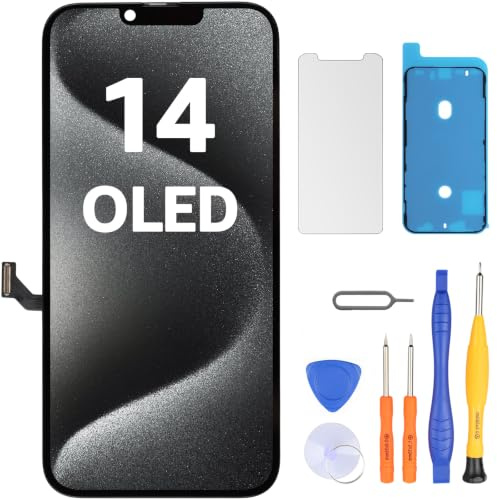 LL TRADER Display für iPhone 14 OLED 6.1 Ersatzbildschirm und Kits | OLED Retina FHD 3D Touch Digitizer Rahmenmontage mit Wasserfestem Klebeband und Displayschutzfolie (True Tone Programmierbar)