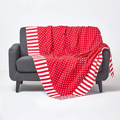 Homescapes Patchwork-Tagesdecke mit Polka-Dot-Muster, rot, Gepunkteter Bettüberwurf aus 100% Baumwolle, 150 x 200 cm, ideal als Krabbeldecke, Babydecke