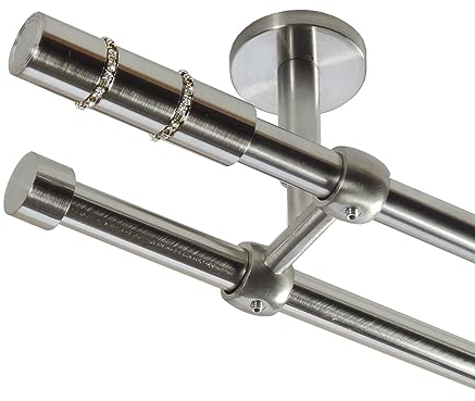 BASIT Gardinenstange Deckenmontage 2 läufig 140cm lang Edelstahl Look Metall Gardinenstange 2 läufig Deckenbefestigung Ø16mm I 120-600cm wählbar D21