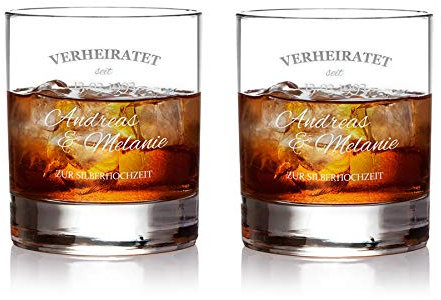 AMAVEL Whisky cristal Set para Bodas de plata de 2 vasos de Whisky – Personalizado con nombre con [] y [Fecha] – Tumbler – Regalo ideas Bodas de plata – Regalos 25 años EHE – Cantidad de relleno: 320 ml