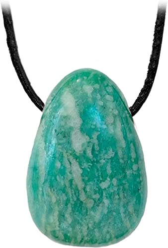 Kaltner Präsente Edelstein Halskette mit Anhänger/Amazonit Blau Grün/Lederband mit gebohrtem Trommelstein Tropfen Anhänger/Hochwertiger Edelsteinanhänger/Edelsteinkette für Damen und Herren