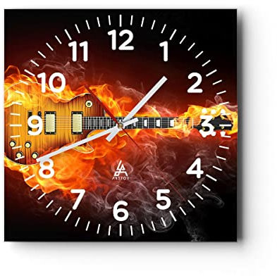 Modern Wanduhr Feuer Gitarre Instrument 30x30cm Quadrat Klein Wand Uhr Glas Analog Zimmeruhren Küche Büro Wohnzimmer Glasuhr Wall Clock Dekoration Design Wanddekoration Küchenuhr C4AC30x30-0197