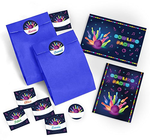 JuNa-Experten 10 Einladungskarten zum Kindergeburtstag Bowling für Mädchen und Jungen incl. 10 Umschläge, 10 Tüten/blau, 10 Aufkleber/Erwachsene/Einladungen zum Geburtstag/Geburtstagseinladunge