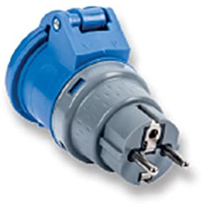Adattatore spina Schuko 1 presa blu - Adattatore da spina schuko 2P+T 16A 230V. a presa 2P+T 16A 230V. CEE industriale.