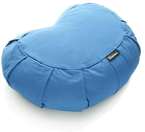 BODYMATE Halbmond Yogakissen 42cm lang 30cm breit und 15cm hoch Hellblau mit Buchweizen-Spelz Füllung – Maschinenwaschbarer Bezug aus 100% extra Dicker Baumwolle – Meditationskissen – Sitzkissen