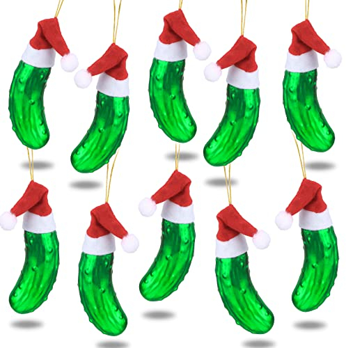 10 Stück Weihnachtsgurken Ornamente Glasgurken Weihnachtsbaumschmuck Gurke Glas geblasene Weihnachtsbaumschmuck hängende Gurke Ornament mit Hut Xmas Pickle Weihnachtsdekoration für Weihnachtsbaum