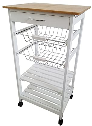 Meyvaser.com Ecommerce Company Verdulero frutero de Cocina Color Blanco-Miel, Carro de Cocina con Ruedas, 87x47x37, 2 cestas metalicas y 2 baldas