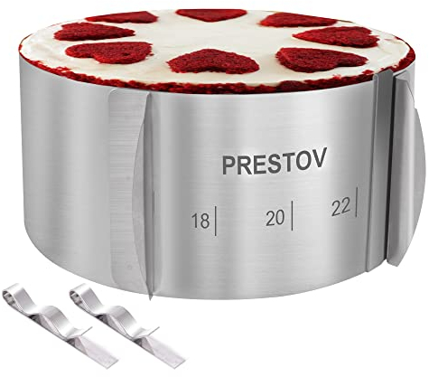 PRESTOV Tortenring Verstellbar 8,5cm hoch - Deutsche Qualität Profi Backring aus Edelstahl- eingravierter Skala und Befestigungsclips - 16-30cm Edelstahl Backring - Rostfrei mit Abgerundeten Kanten