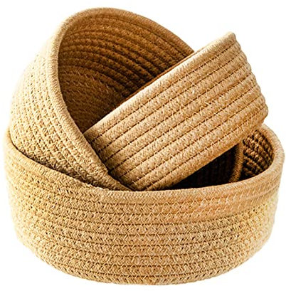 HANTURE - 3 cestas de almacenamiento de cuerda de algodón, pequeñas cestas organizadoras tejidas color caqui para escritorio, bandejas redondas decorativas de cuerda de algodón para entrada, joyas,