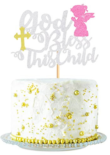 Blumomon 1 Stück Gott segne dieses Kind Kuchendeckel, Taufe, Baby Shower, Taufe Party, Bless This Child Party, Pastell Silber-rosa