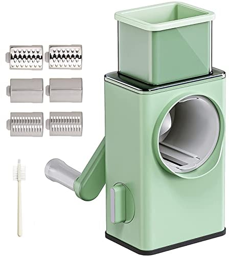 Râpe à fromage rotative, mandoline à légumes avec 3 lames en acier inoxydable, râpe pour la cuisine coupe plus rapide et facile du fromage, des concombres, des carottes, etc. (vert clair)