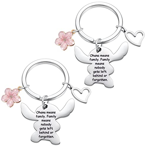 Ralukiia Ohana Means Family Schlüsselanhänger-Set für 2, Stich-Schlüsselanhänger, Schmuck, Geschenke für Jungen und Mädchen, rosa Blume, Pink, Medium