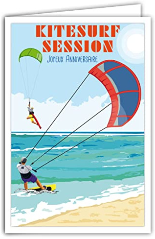 AFIE Karte Happy Birthday mit Umschlag – Mini-Poster Format 17 x 11,5 cm Retro Vintage – Kitesurfen Sport Wassersport Meer Ozean Wellen Wind Strand Sand – hergestellt in Frankreich 69-4363