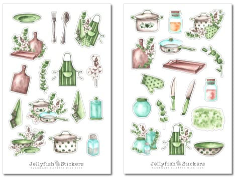 Grüne Küche Sticker Set - Aufkleber Kochbuch, Journal Sticker, Sticker Kochen, Rezeptbuch, Zuhause, Sticker, Sticker Rezepte
