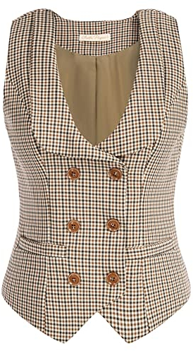 Belle Poque Damen ärmellose Zweireiher Westen U Hals Business Style Anzug Weste Braun Kariert BP0613-01 XL