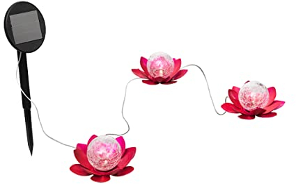 Solar Seerose für außen aus Metall mit Bruchglaskugel, warm-weiße LED Beleuchtung, toller Lichteffekt, Gartendeko in Blüten/Lotus Optik (3er Set Bodenlichterkette)