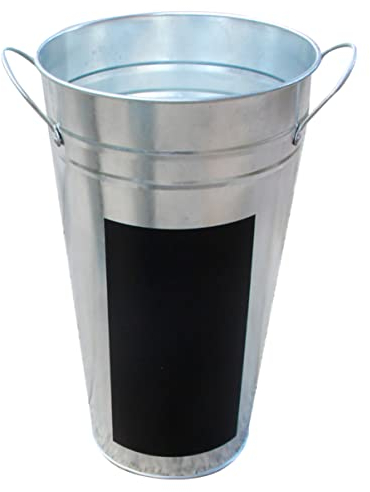 Housoutil Silver Iron Sheet Flower Bucket with Waterproof Blackboard Galvanized Metal Hydroponics Planter Tub Rustic Display Pot for Flower Shop or Home Decoration 30cm