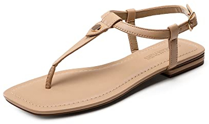 DREAM PAIRS Women's T-Strap Thong Flat Sandals with Cute Square Toe Strappy for Summer,Size 7.5,Nude,SDFS2301W