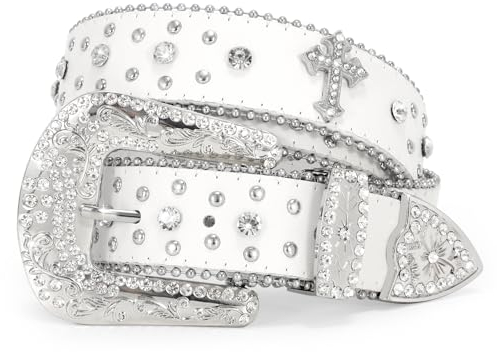 WERFORU Strass Nietengürtel für Damen Männer Western Ledergürtel für Cowgirl Cowboy Vintage Bling Gürtel für Hosen Kleid