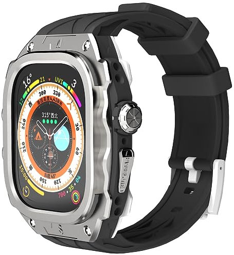 Luxury Metal Case for Apple Watch Ultra 49mm Band with Cover Heavy Duty Rugged Case Silicon Strap for men Full Protective Cover (Silver)