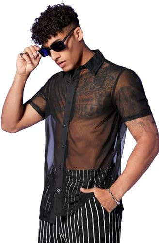 GORGLITTER Men's Mesh Button Down Shirt Sheer Short Sleeve Sexy See Though Night Club Party Top Black S