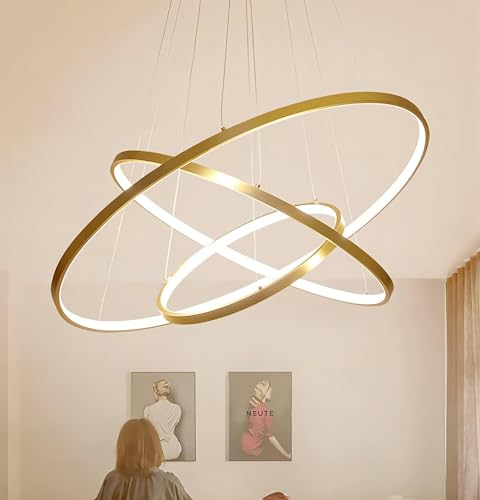 Qiaomao LED Kronleuchter Dimmbar Pendelleuchte Gold Hängelampe mit Fernbedienung 115W, Moderne Ring Deckenleuchte Höhenverstellbar Hängeleuchte Wohnzimmer Esstisch Esszimmer Schlafzimmer 40+60+80cm