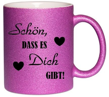 Glitzertasse, Tasse mit Glitzer, Kaffee-/ Teetasse mit Spruch Schön, dass es dich gibt!, Keramik, 330ml, (Pink)