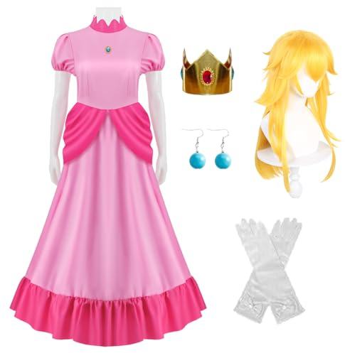 YEAJION Damen Prinzessin Peach Kleid mit Zubehör Perücke Peach Cosplay Verkleidung Prinzessin Kostüm Rosa Weihnachten Halloween Karneval Party Bühnenauftritt Kostüm für Erwachsene