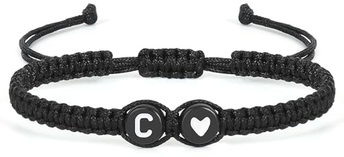 Initial Letter Bracelet for Women Men Teen Girls, Alphabet Handmade Black Adjustable Braid Rope Heart Bracelet, Jewelry Gifts for Daughter Mother's Day Mom Sister