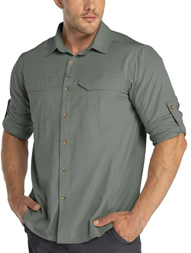 33,000ft Funktionshemd Herren UPF50+ UV-Schutz Langarm Hemd Atmungsaktiv Button-Down-Hemd Outdoor Sportliches Freizeithemd Angelhemd Für Männer Helles Armeegrün XL